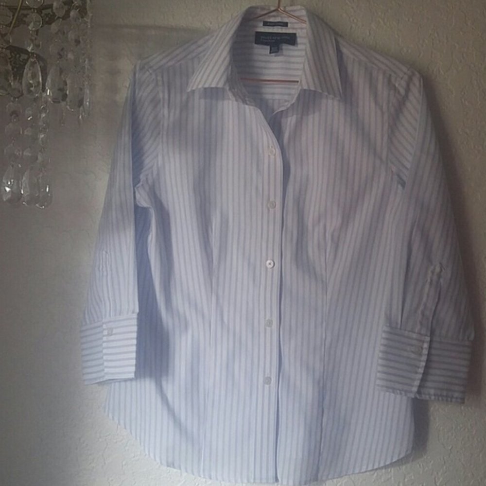 Jones New York Easy Care 3/4 Sleeve Striped Cotton Button Down Shirt SZ S